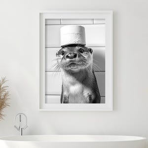 Otter mit Klopapierrolle auf dem Kopf, lustiges Badezimmer Wand Kunst Druck, Vintage Stil Retro Tier Foto, niedlicher Otter Humor, druckbare Kunst