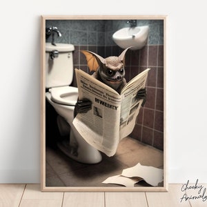 Bat Sitting on the Toilet Reading a Newspaper, Funny Bathroom Humor, Wall Decor, Funny Animal Print, Home Printables, AI Digital Prints