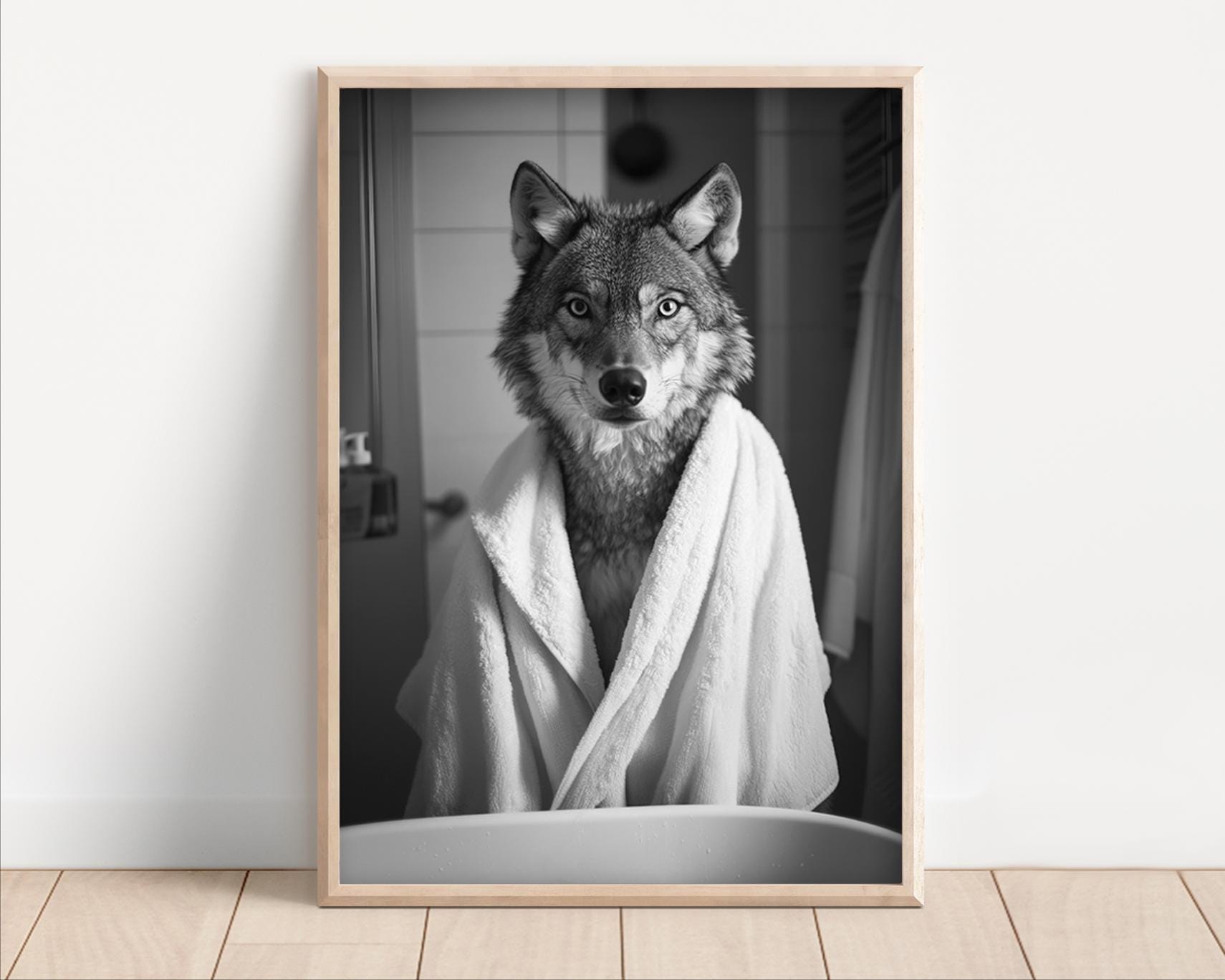 Wolves Bath Funny Wolf in Bathrobe Print: Retro Bathroom Animal Wall Art (digital ...