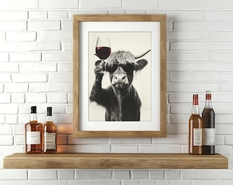 Funny Highland Cow Drinking Wine Print: Kitchen Bar Wall Art (Digital Download)