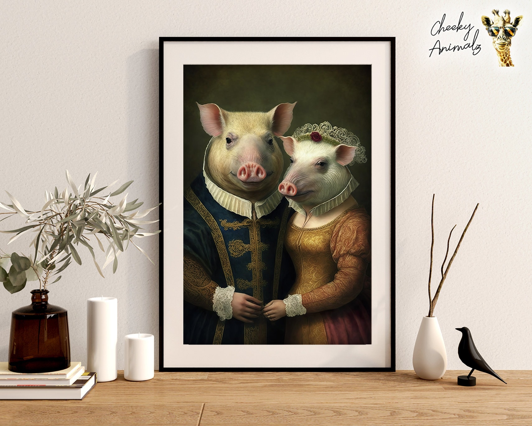 貴族の豚カップルの版画：愉快なルネサンス動物アート（デジタル