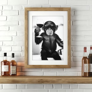 Puede incluir: Una fotografía en blanco y negro enmarcada de un mono con gafas de sol y sosteniendo una copa de vino. Dos botellas de licor están en un estante de madera debajo de la imagen.
