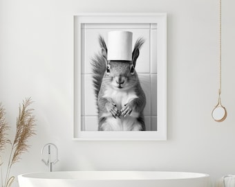 Funny Squirrel Bathroom Print: Retro Toilet Paper Hat (Digital Download)