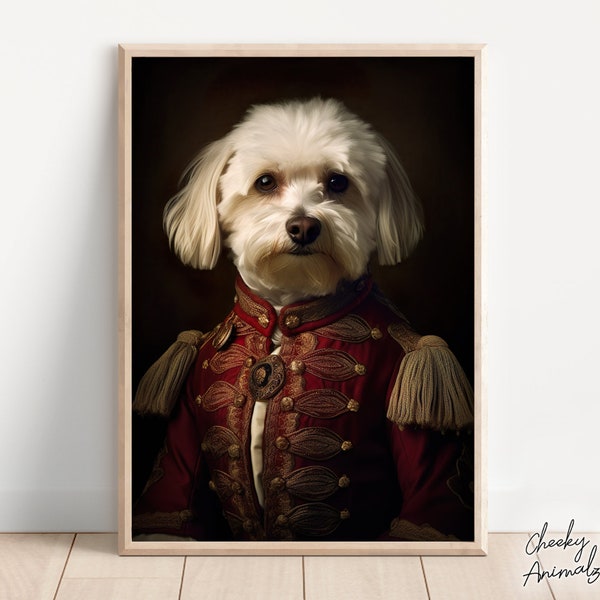 Aristokratische Havaneser, lustige Hunde Wandkunst, Renaissance Malerei, Hundeportrait Druck, schrullige Tierkunst, Home Printables, AI Digital Art