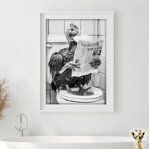 Turkey Sitting on the Toilet Reading a Newspaper, Funny Bathroom Wall Art, Funny Vintage Style Animal Photo, Animal Print, Printable AI Art