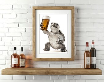Zabawny żółw pijący piwo: grafika w stylu AI Home Bar (pobranie cyfrowe)