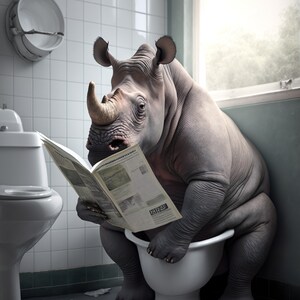Peut inclure: Un rhinoc&eacute;ros blanc est assis sur des toilettes blanches dans une salle de bain, en train de lire un journal. La salle de bain a des murs carrel&eacute;s blancs et une fen&ecirc;tre avec vue sur des arbres.