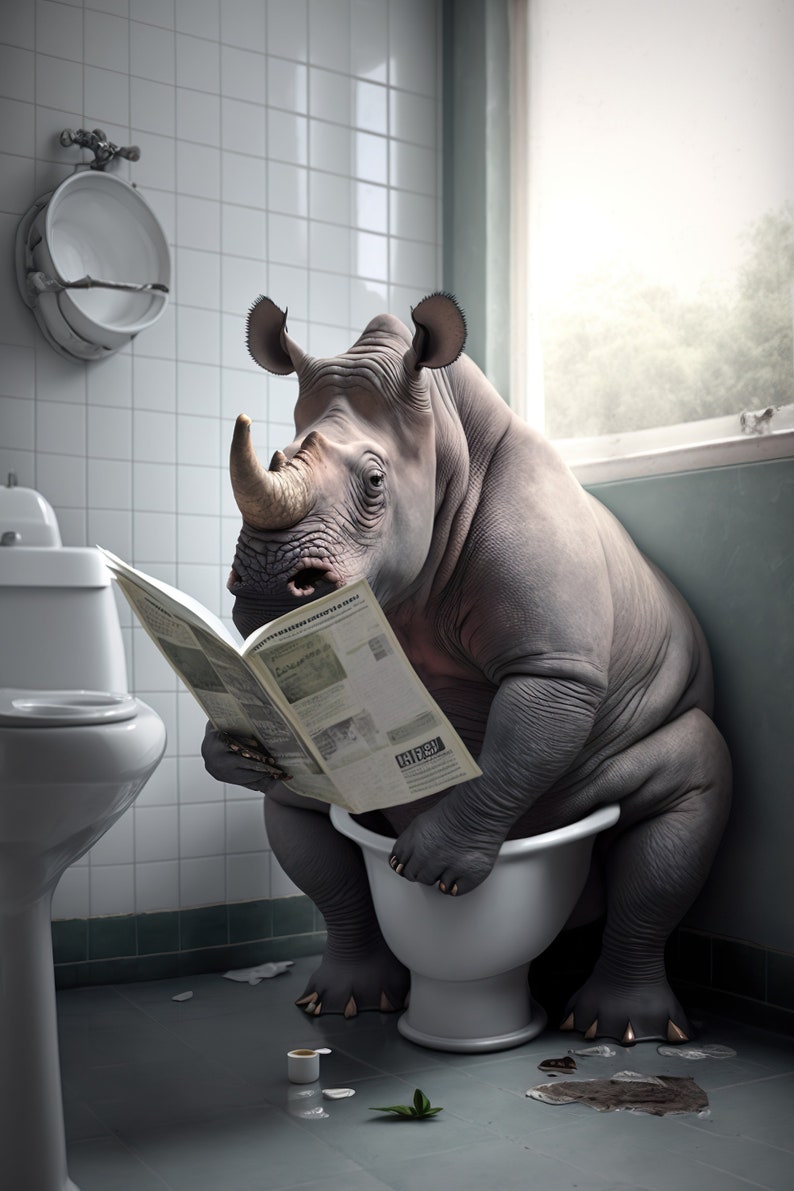 Peut inclure: Un rhinoc&eacute;ros blanc est assis sur des toilettes blanches dans une salle de bain, en train de lire un journal. La salle de bain a des murs carrel&eacute;s blancs et une fen&ecirc;tre avec vue sur des arbres.