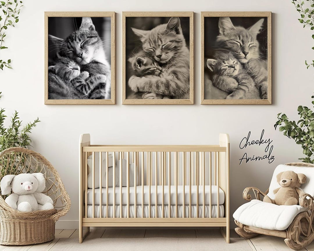 Mom & Baby Cat, Cute Animal Wall Art Bundle of 5, Nursery Room, Vintage ...