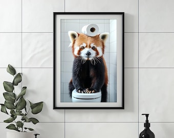 Red Panda Sitting on Toilet Reading Newspaper, Funny Bathroom Wall