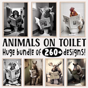 Animali seduti sul water che leggono il giornale, Mega Bundle di oltre 260 design, Divertente arte murale per il bagno, Stampe umoristiche sugli animali, Arte AI stampabile