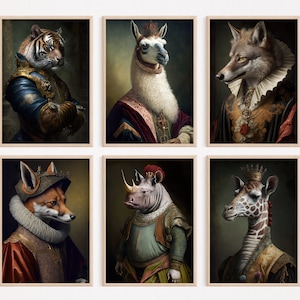 Lot animaux aristocratiques, décoration murale animal rigolote, portrait Renaissance, art animalier original, décoration d'intérieur, produits à imprimer
