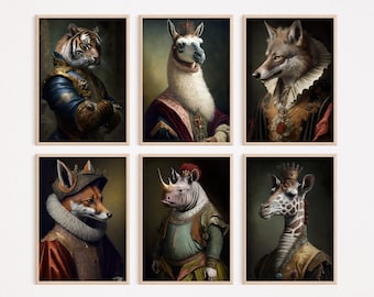 Aristocratic Animals Bundle, Funny Animal Wall Decor, Renaissance Portrait Painting, Quirky Animal Art, Home Decor, Printables, AI Created
