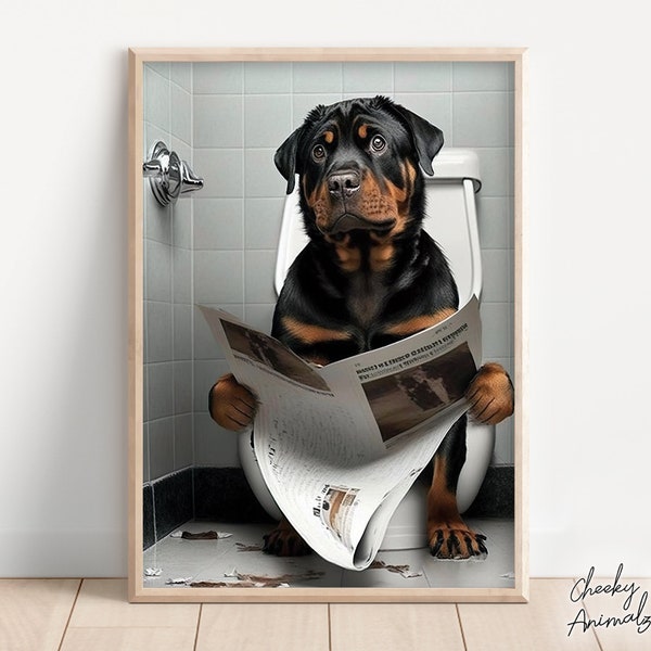 Rottweiler assis sur les toilettes en lisant un journal, art mural drôle de salle de bain, photo de chien drôle, empreintes d'animaux, imprimables à la maison, créé par l'IA