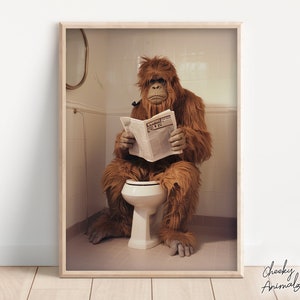 Sasquatch Sitting on the Toilet Reading a Newspaper, Funny Bigfoot Print, Funny Bathroom Printables, Mythical Creature Wall Art, AI Art
