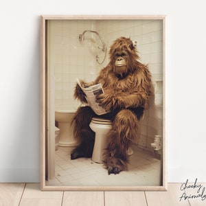 Sasquatch Sitting on the Toilet Reading a Newspaper, Funny Bigfoot Print, Funny Bathroom Printables, Mythical Creature Wall Art, AI Art