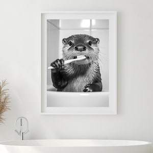 Nutria cepillándose los dientes, arte divertido para la pared del baño, arte imprimible para el baño, foto de animal de estilo vintage, impresión humorística de nutria linda, arte de IA