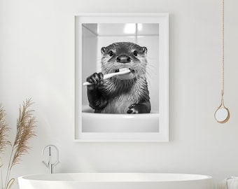 May include: A black and white photo of an otter brushing its teeth with a toothbrush. The otter is in a bathtub and has a serious expression on its face.