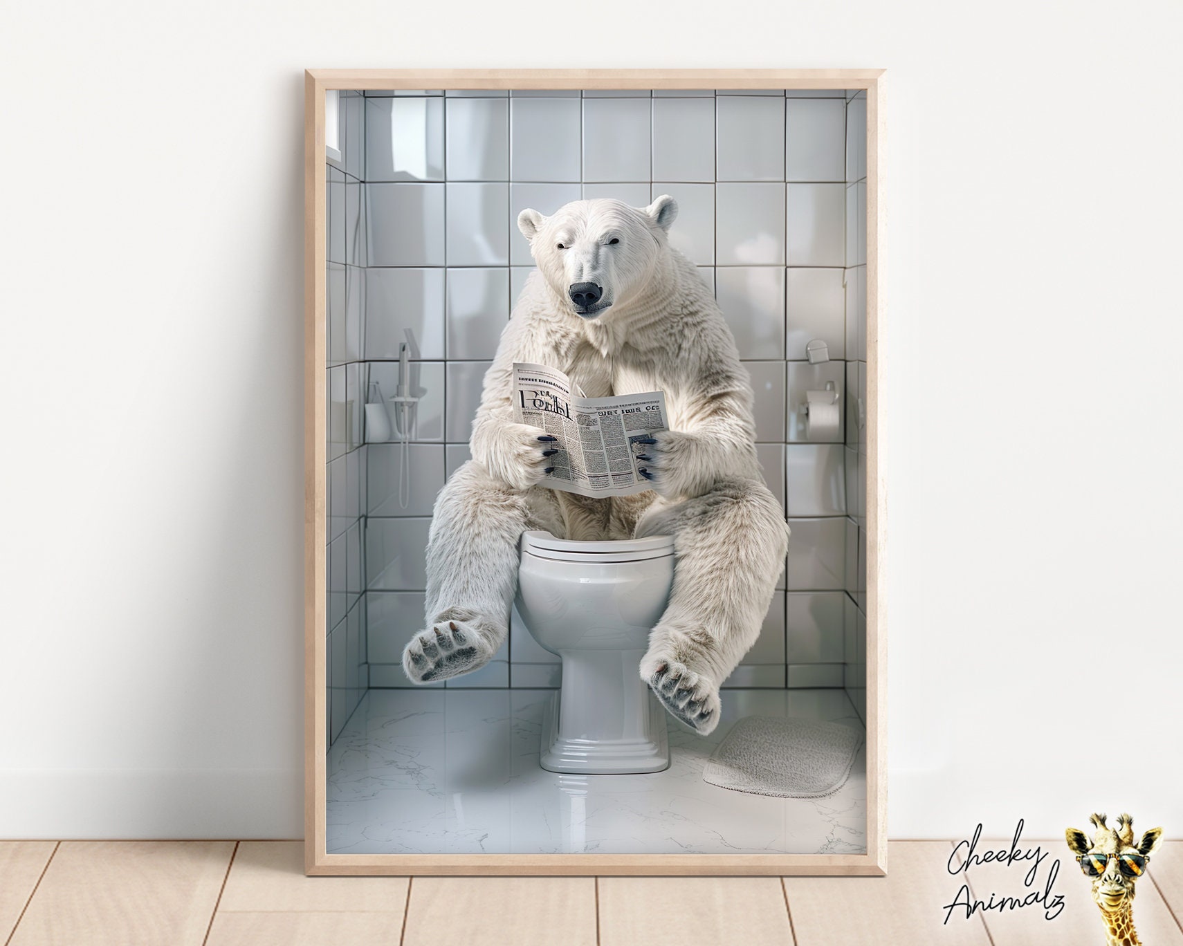 Funny Polar Bear Bathroom Print: Animal on Toilet Wall Art