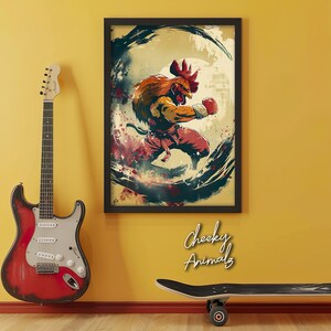 Ninja Chicken gooit karate, afdrukbare jongens game room wanddecoratie, filmposterstijl, vechtsporten, grappige dieren muurkunst, AI-kunst