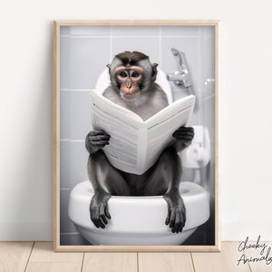 Capuchin Monkey Sitting on the Toilet Reading a Newspaper, Funny Bathroom Wall Art, Funny Monkey Print, Animal Photo, Printables, AI Art