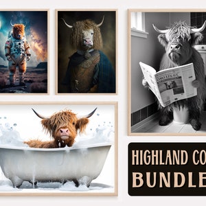 Funny Highland Cow Bundle, Funny Printable Animal Wall Art, Astronaut Space Cow, Aristocratic Cow, Highland Cow on Toilet, Baby Cow in Bath