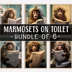Könnte beinhalten: Ein Set aus sechs gerahmten Drucken, die Marmosetten zeigen, die auf Toiletten sitzen und Zeitungen lesen. Die Drucke sind alle in einem ähnlichen Stil gehalten, mit weißem Hintergrund und einem Holzrahmen. Die Marmosetten sind alle in braunes Fell gekleidet und haben einen schelmischen Blick auf ihren Gesichtern. Der Text "MARMOSETS ON TOILET - BUNDLE OF 6 -" ist oben auf den Bildern gedruckt.