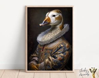 Aristocratic Duck, Funny Animal Wall Decor, Renaissance Painting, Duck Portrait, Quirky Animal Art, Home Decor, Printables, AI Digital Art