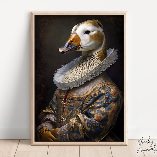 Aristocratic Duck, Funny Animal Wall Decor, Renaissance Painting, Duck Portrait, Quirky Animal Art, Home Decor, Printables, AI Digital Art