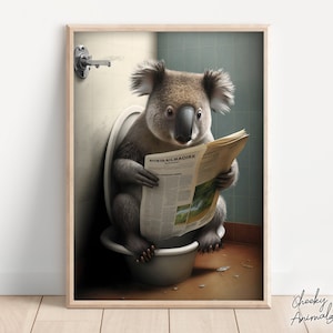 Koala assis sur les toilettes, lisant un journal, Humour drôle dans la salle de bain, décoration murale, imprimé animal amusant, produits à imprimer pour la maison, art numérique IA