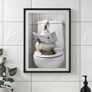 Funny Duck Bathroom Wall Art, Duck on Toilet Reading Newspaper, Laundry Room Decor, Toilet Humor, Quirky Animal Print, Printable AI Art