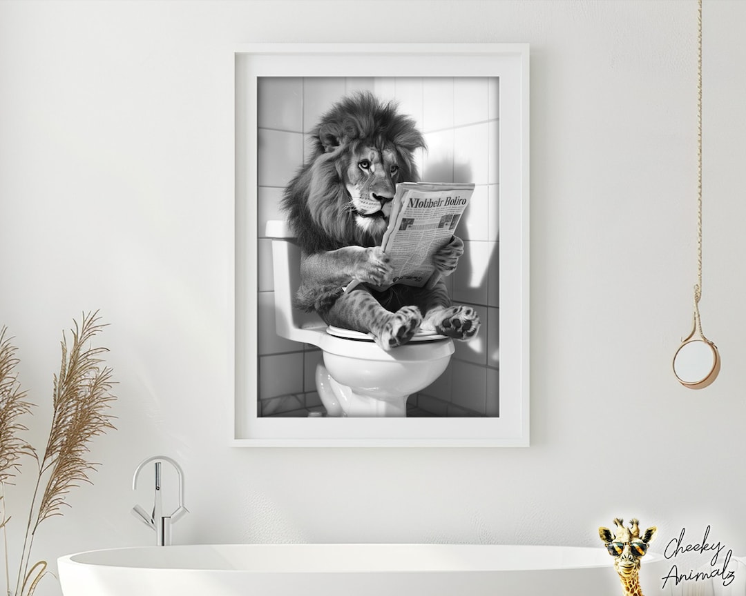 Funny Lion Bathroom Print: Vintage Animal on Toilet Wall Art