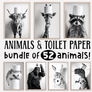 Animali con carta igienica sulla testa, confezione da 52, divertente arte murale per il bagno, grazioso arredamento per lavanderia, stampa artistica con umorismo sugli animali, arte AI stampabile