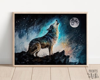 Wolf Howling at Moon Art Print: Stylish Animal Wall Decor (Digital Art)