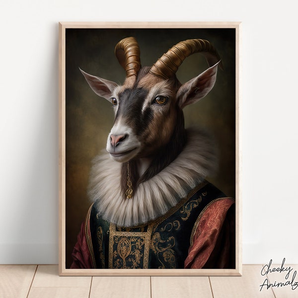 Aristocratic Goat, Funny Animal Wall Decor, Renaissance Painting, Goat Portrait, Quirky Animal Art, Home Decor, Printables, AI Digital Art