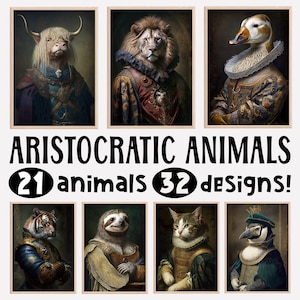 Animales aristocráticos, paquete grande, arte de pared de animales divertidos, pintura de animales renacentista, arte animal peculiar, decoración del hogar, imprimibles, creado con IA