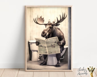 Moose Sitting on the Toilet Reading a Newspaper, Funny Bathroom Humor, Wall Decor, Funny Animal Print, Home Printables, AI Digital Prints