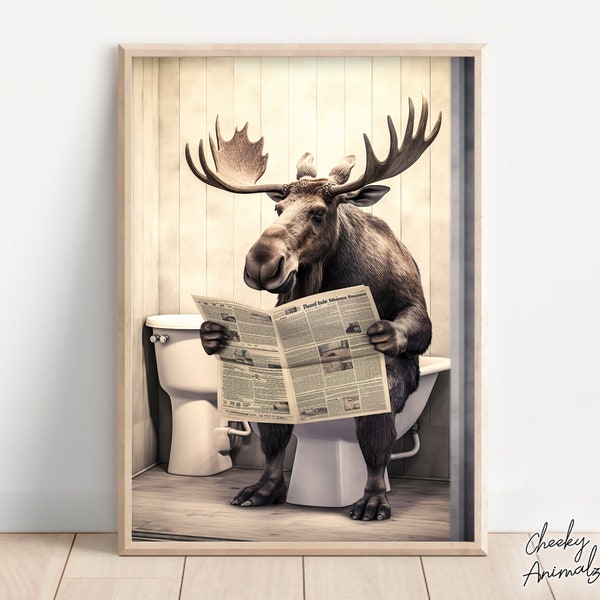 Moose Sitting on the Toilet Reading a Newspaper, Funny Bathroom Humor, Wall Decor, Funny Animal Print, Home Printables, AI Digital Prints