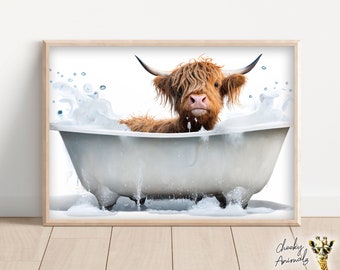 Cute Baby Highland Cow in the Bathtub, Funny Animal Wall Art, Bathroom Prints, Highland Cow Photograph, Printable Home Decor, AI Created Art