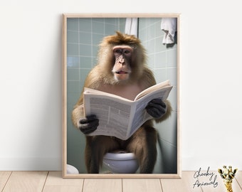 Funny Baboon Bathroom Print: Ape on Toilet Wall Art (Digital Download)