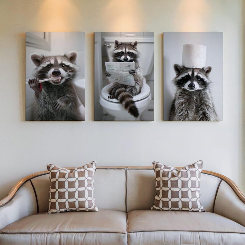 Funny Raccoon Wall Art Bundle: Animals in Bathroom Wall Art Set of 6 ...