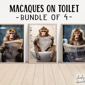 May include: A set of four digital prints featuring a monkey reading a newspaper while sitting on a toilet. The prints are framed in a light wood frame and have a white background. The text "MACAQUES ON TOILET - BUNDLE OF 4 -" is displayed above the prints.