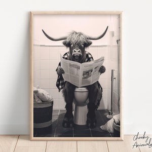 Highland Cow Sitting on the Toilet Reading a Newspaper, Funny Bathroom Wall Decor, Funny Animal Print, Home Printables, AI Digital Art