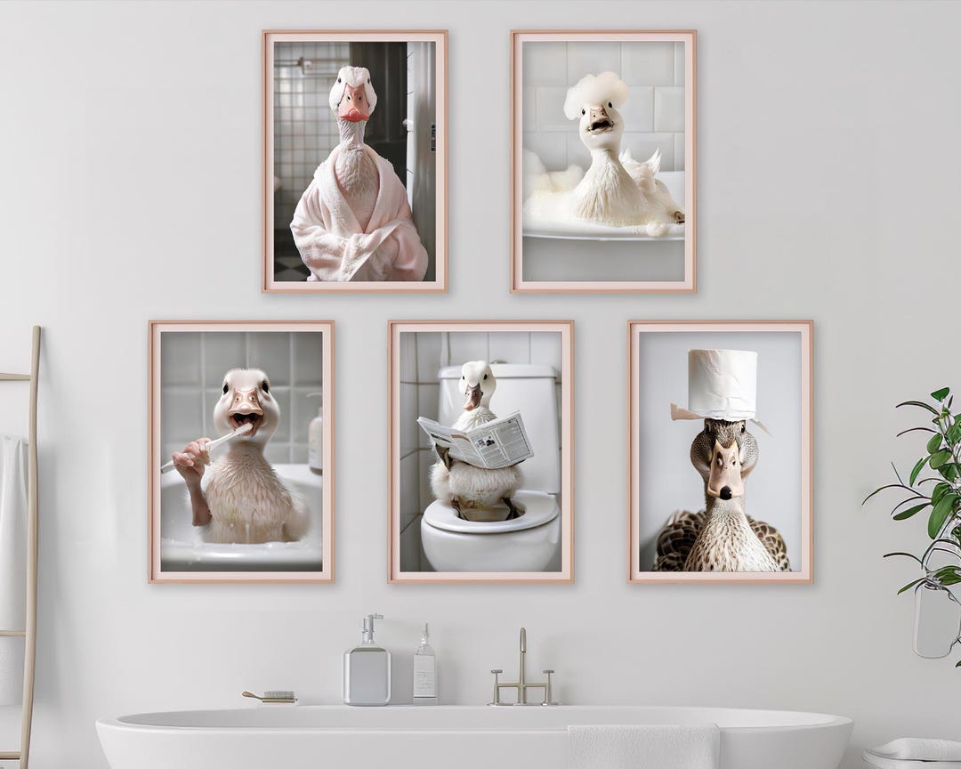 Funny Duck Bathroom Prints: Quirky Animal Art Set (digital Download) - Etsy