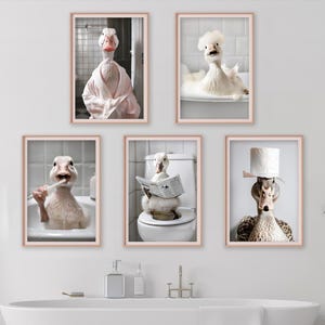 Funny Duck Bathroom Wall Art – Set of 5 Digital Prints, Laundry Room Poster, Funny Animal Humor Decor, Cute Kids Nursery Room Duck Bundle