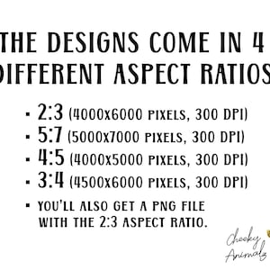 May include: Text on a white background that reads "THE DESIGNS COME IN 4 DIFFERENT ASPECT RATIOS:" followed by a list of four aspect ratios with their corresponding pixel dimensions and DPI: 2:3 (4000x6000 pixels, 300 DPI), 5:7 (5000x7000 pixels, 300 DPI), 4:5 (4000x5000 pixels, 300 DPI), and 3:4 (4500x6000 pixels, 300 DPI). The text also states "YOU'LL ALSO GET A PNG FILE WITH THE 2:3 ASPECT RATIO." Below the text is a cartoon image of a giraffe wearing sunglasses with the text "Cheeky Animals" underneath.