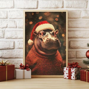 Niedliche Weihnachts Nilpferd, lustige Weihnachten Wandkunst, Retro Winter Tiere, Weihnachten Wohnkultur, lustige Nilpferd Fotodruck, AI Art
