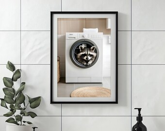 Funny Raccoon in Washing Machine Print: Retro Bathroom Laundry Decor (Digital Download)