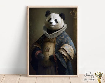 Aristocratic Panda, Funny Animal Wall Decor, Renaissance Painting, Panda Portrait, Quirky Animal Art, Home Decor, Printables, AI Digital Art