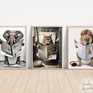 Animales sentados en el inodoro leyendo un periódico, paquete de 3, decoración divertida para la pared del baño, gato, elefante, león, imprimibles para el hogar, creados con inteligencia artificial